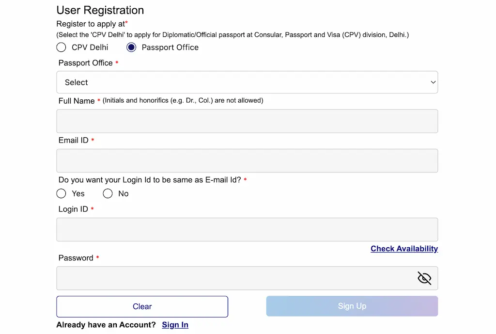 Passport Seva Registration
